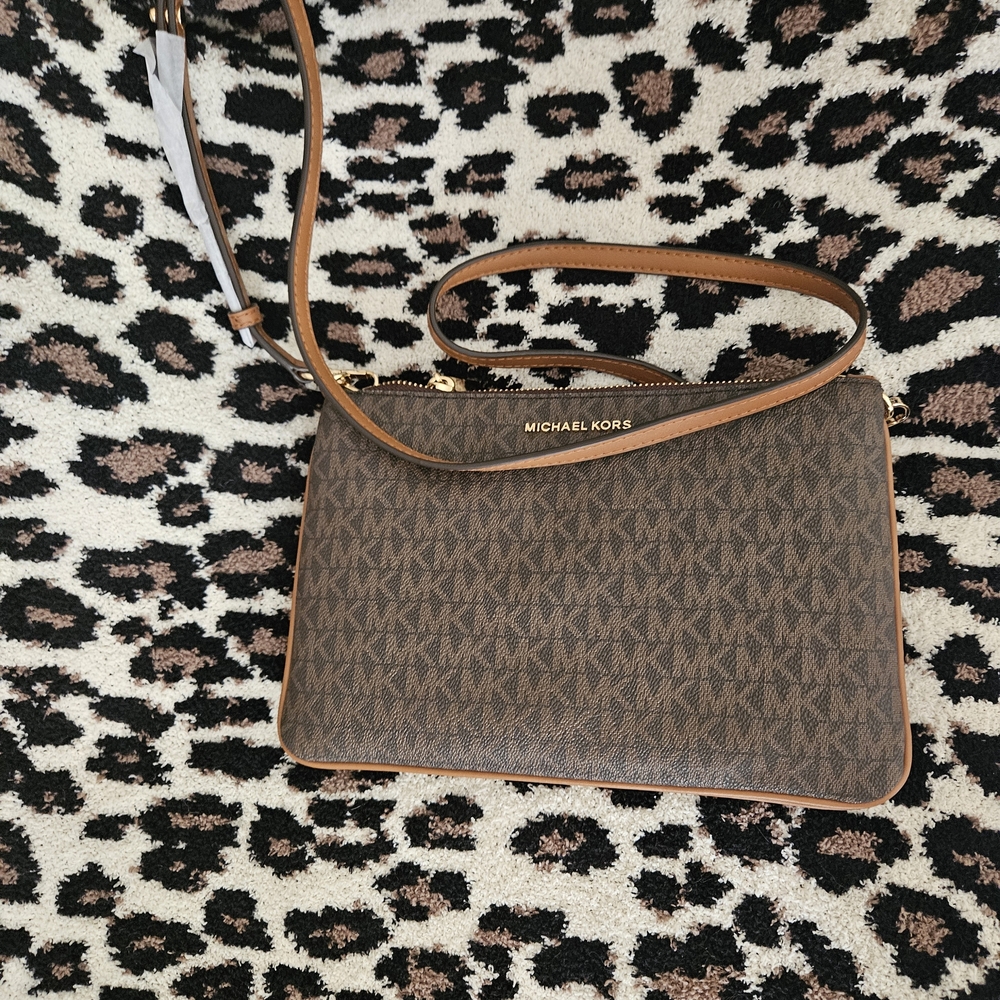 Michael Kors Brown Logo Slim Crossbody with Tan Trim